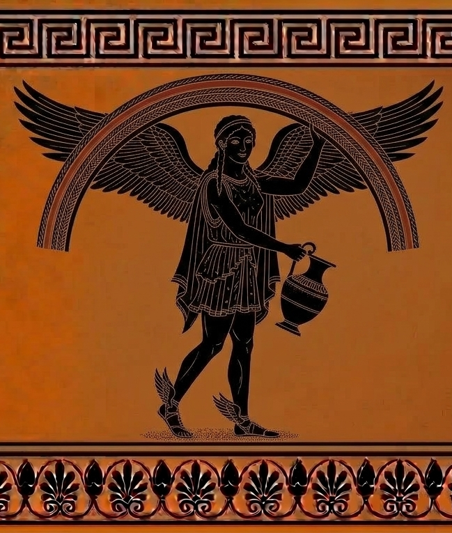 Iris — figura de cerámica griega con alas y caduceo